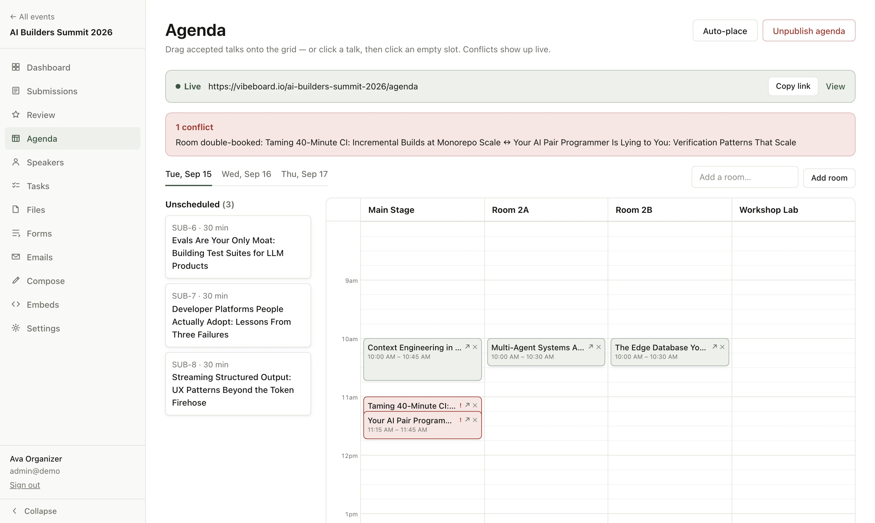 vibeboard agenda builder for AI Builders Summit 2026: accepted talks placed on a day-by-room grid, with a room double-booking flagged in red