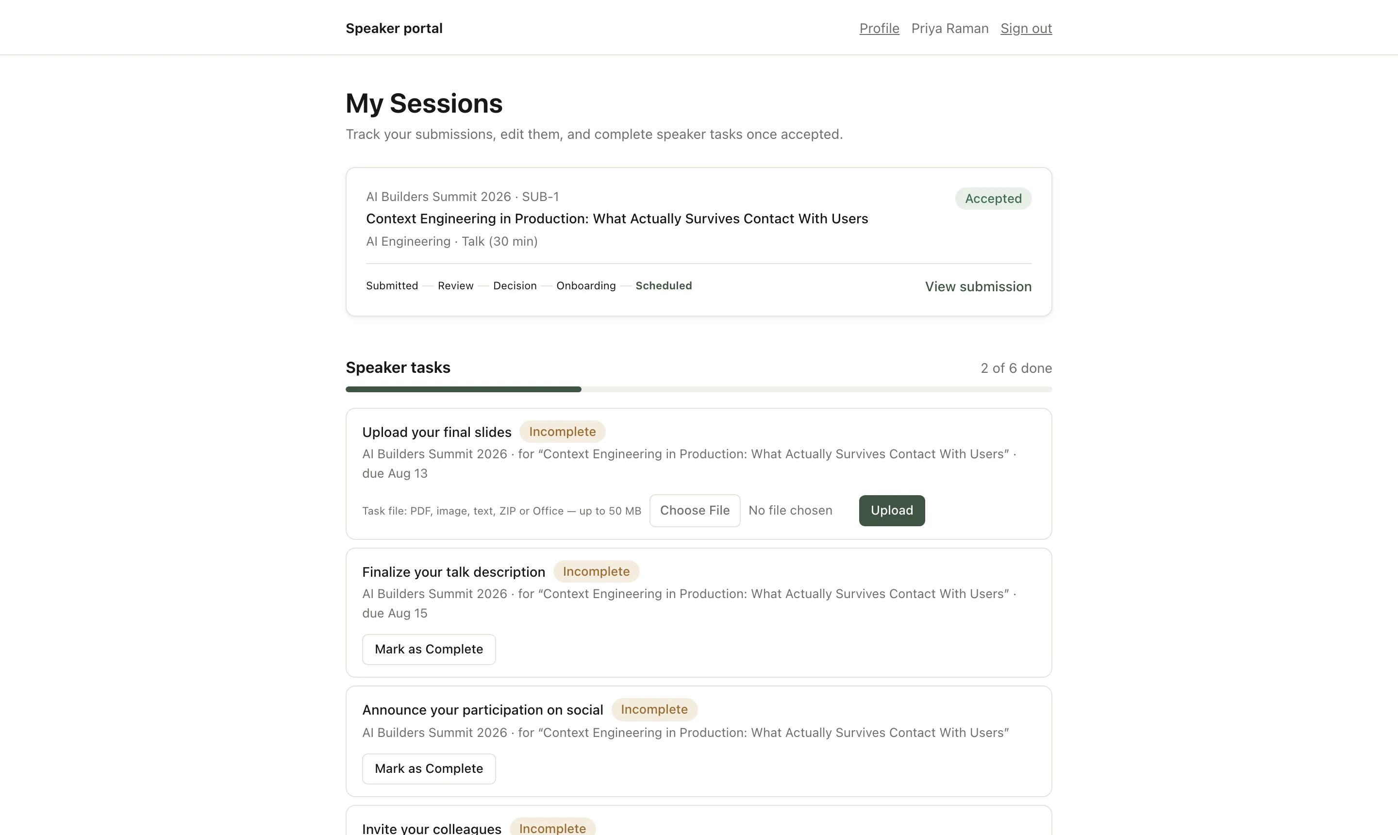 Speaker portal: accepted talk with journey strip and open speaker tasks