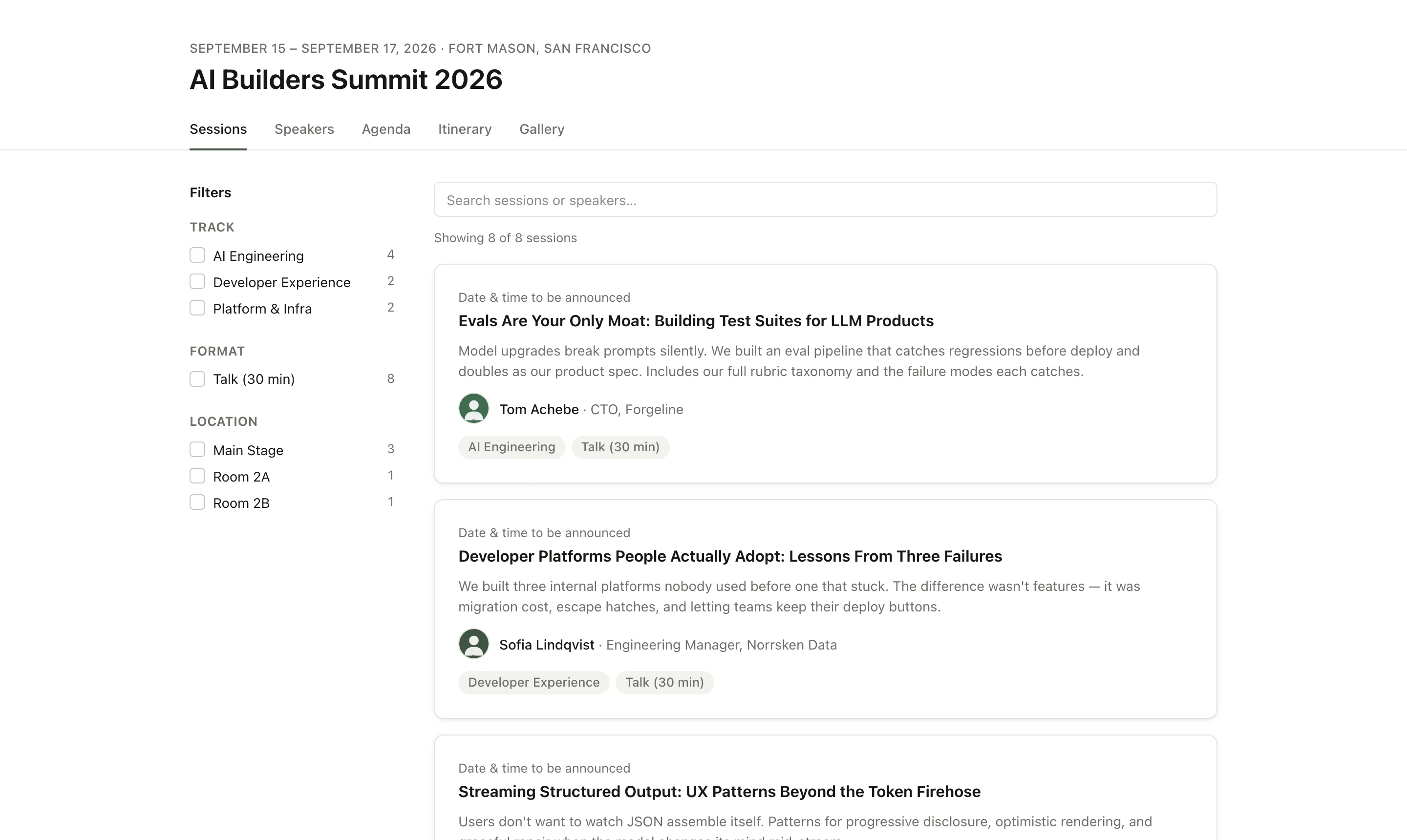 Public sessions page with track and format filters for attendees
